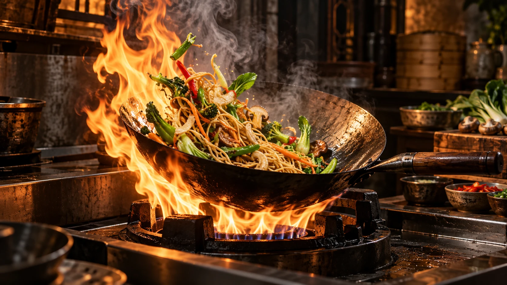 Wok faisant sauter des nouilles et des légumes à feu vif dans une cuisine professionnelle