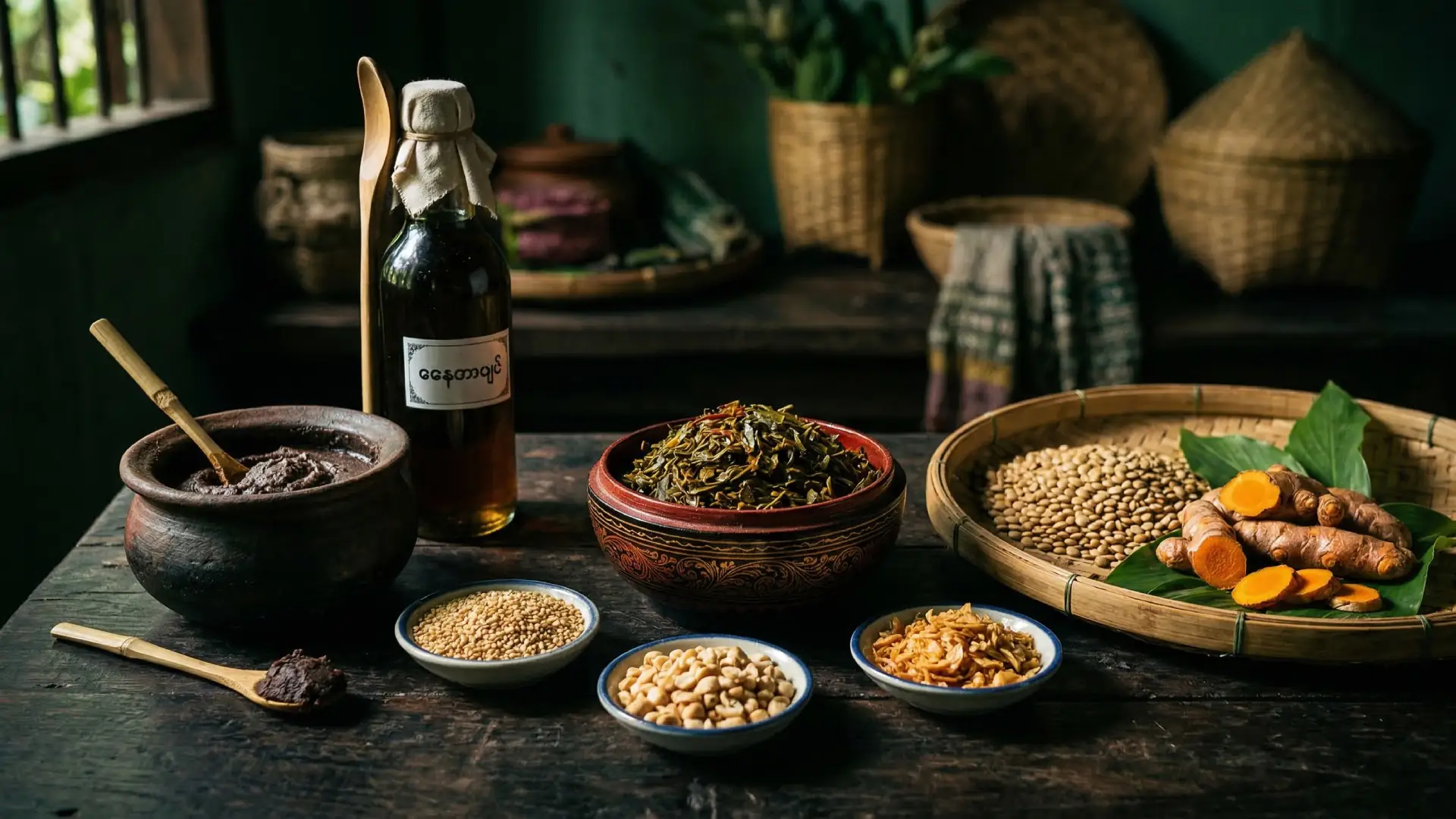 Table avec feuilles de thé fermentées, légumineuses, épices et huile dans une cuisine birmane