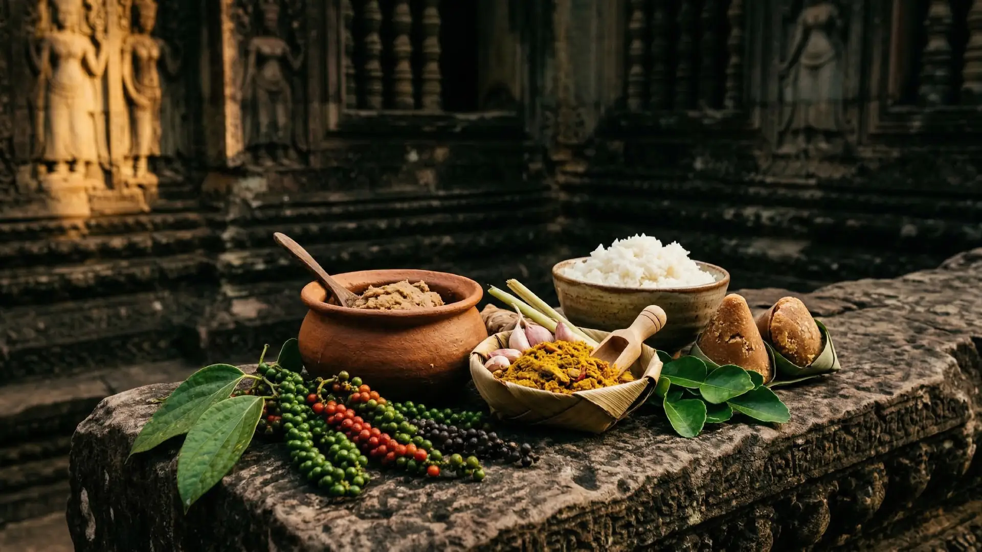 Poivre en grains, épices, curcuma et riz sur la pierre sculptée d'un temple khmer
