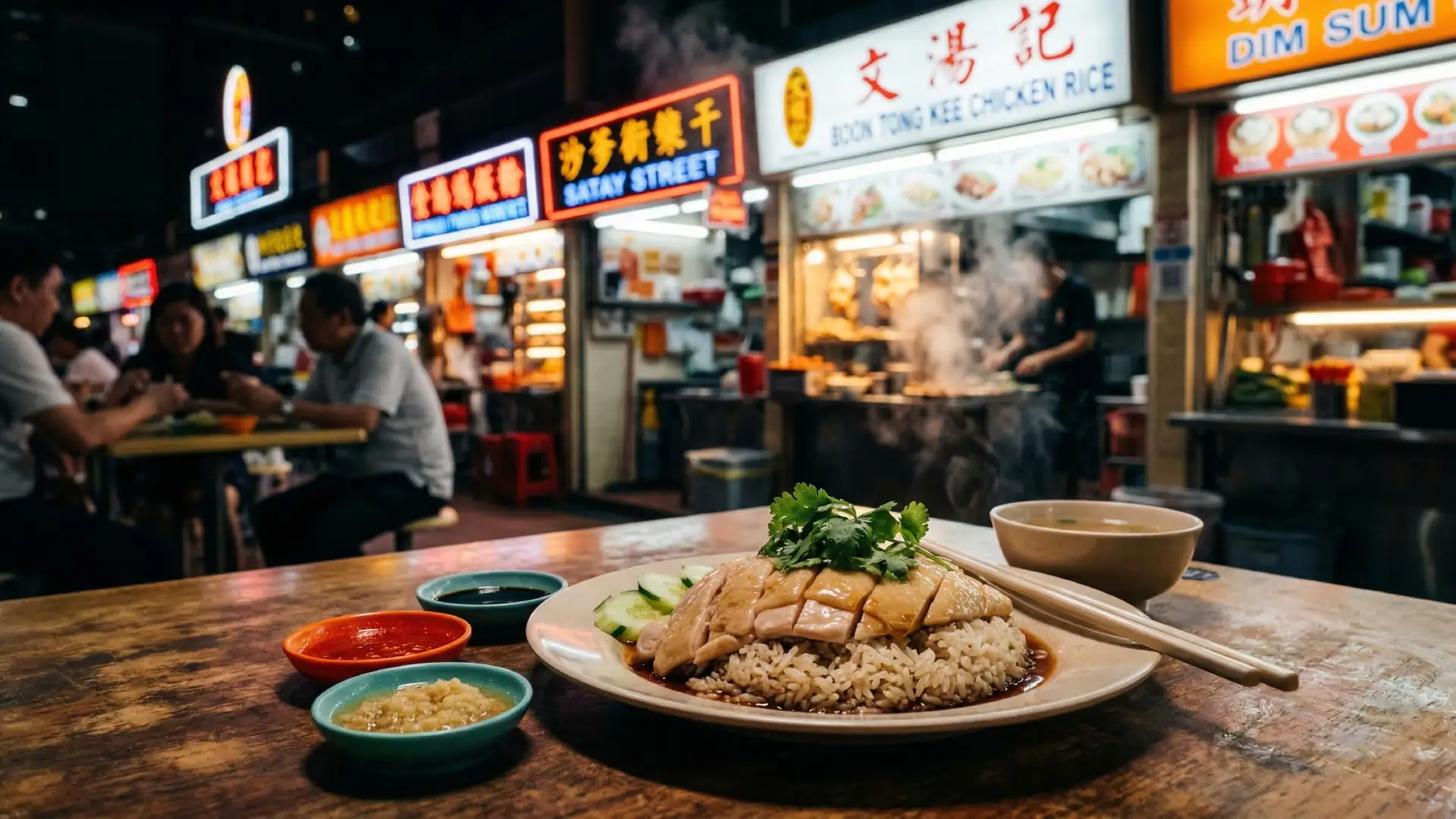 Riz au poulet hainanais dans un hawker centre avec des stands illuminés au fond