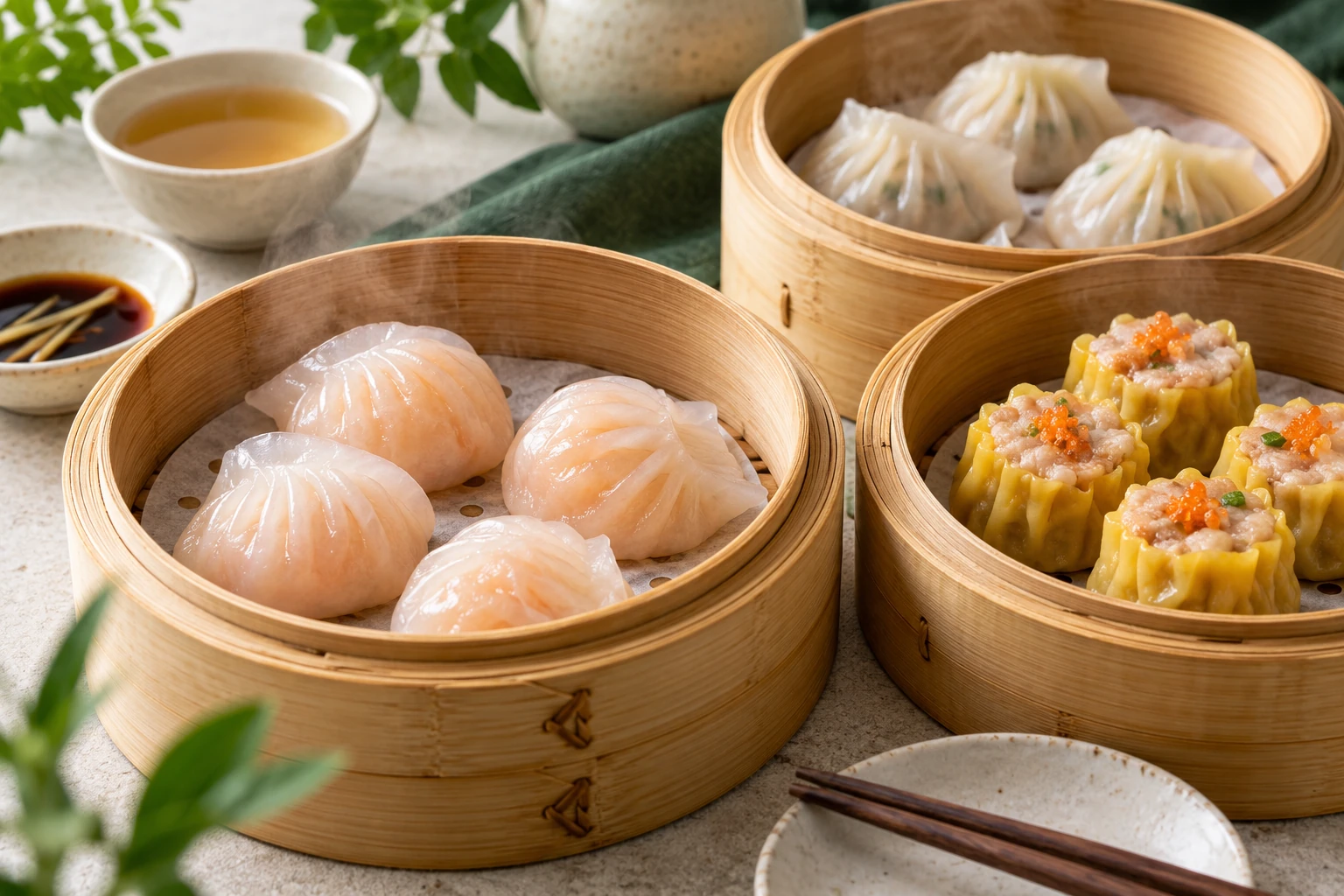 Photographie conceptuelle de dim sum dans un panier vapeur en bambou
