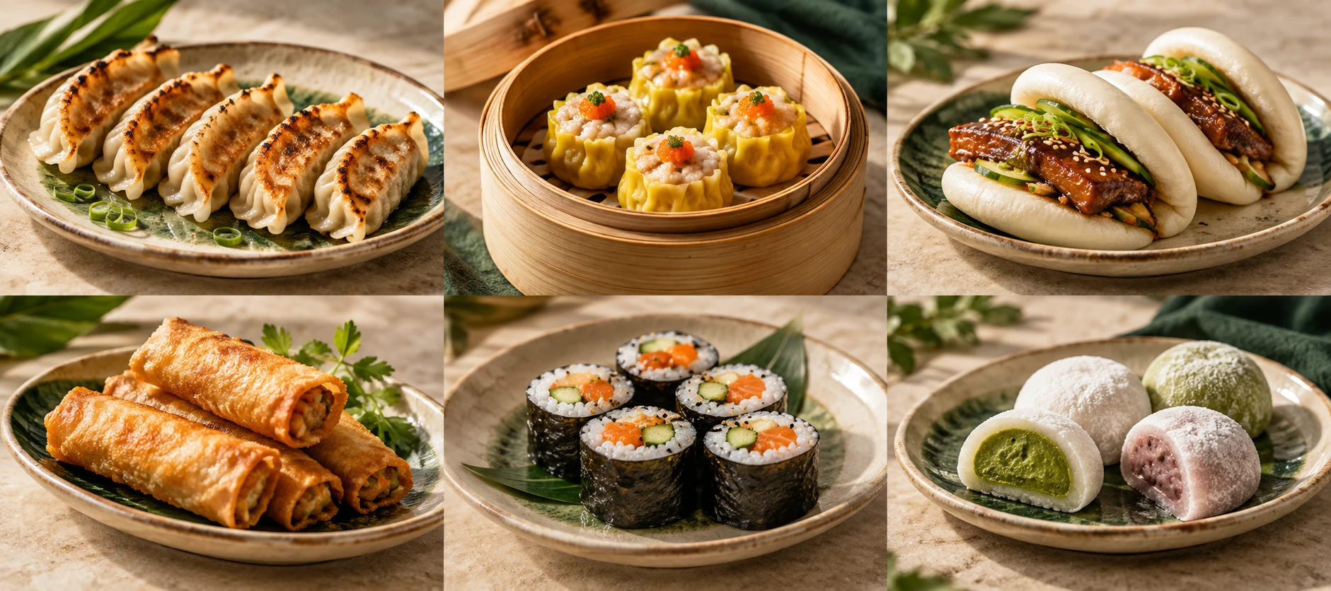 Plateaux de bouchées asiatiques prêts pour un cocktail