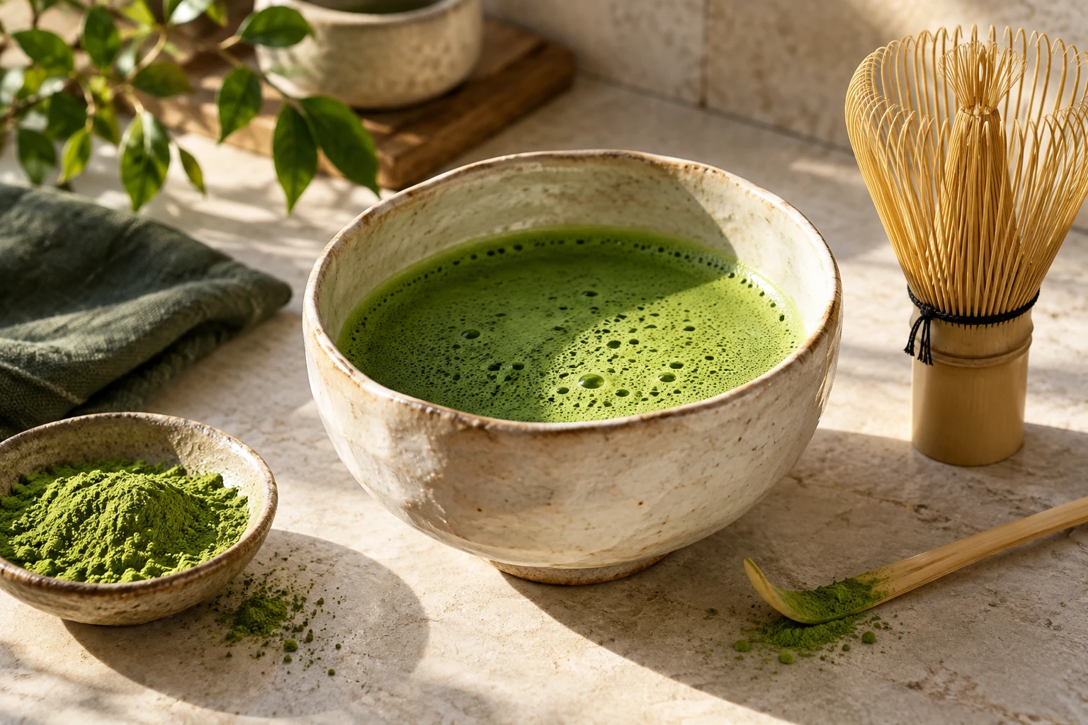 Photographie conceptuelle de matcha fouetté dans un chawan