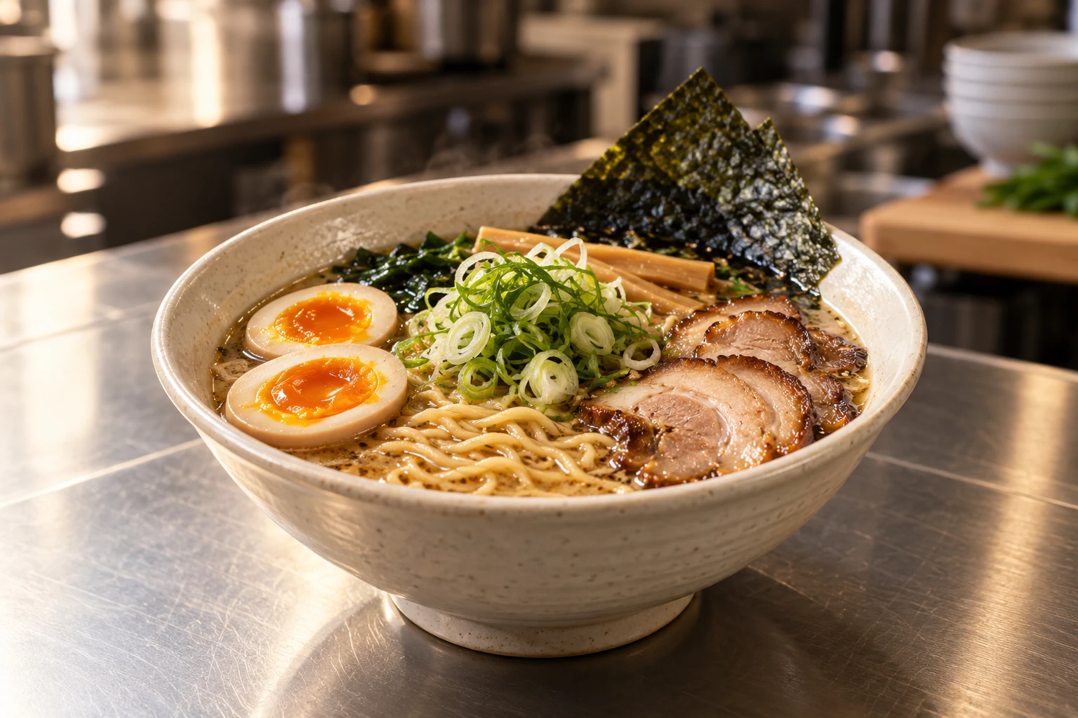 Photographie conceptuelle d'un bol de ramen dans une cuisine professionnelle