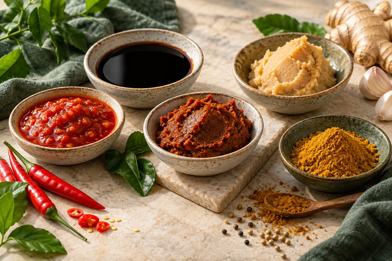 Photographie conceptuelle de bols de sauces et d'épices