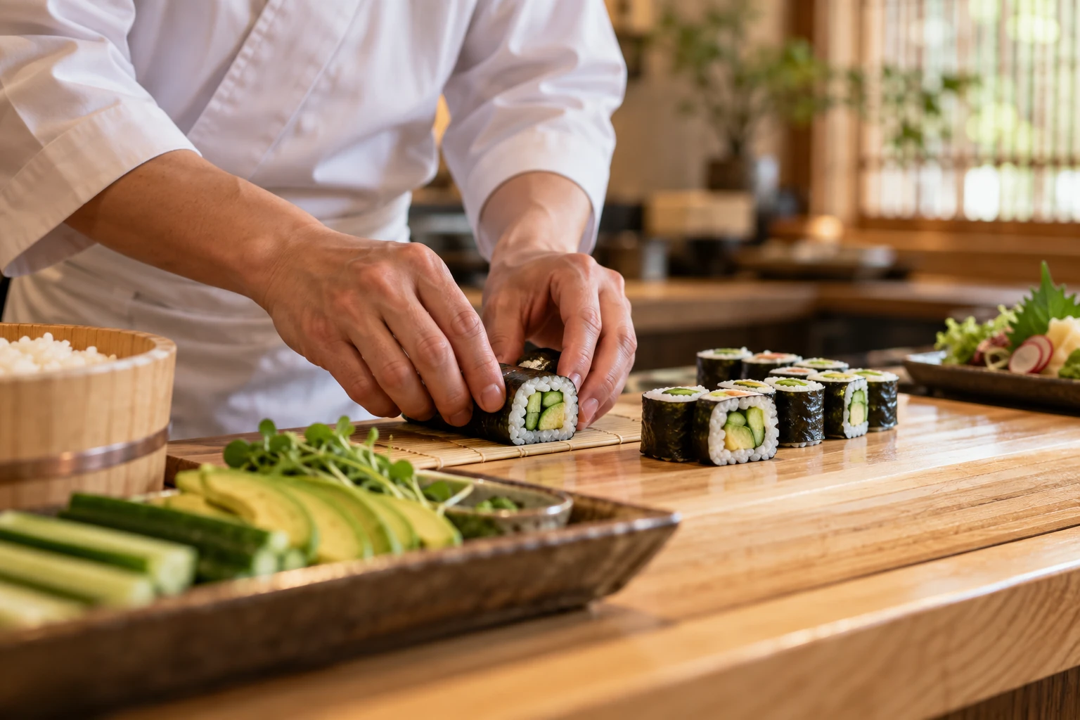 Photographie conceptuelle d'un comptoir à sushis avec préparation de makis végétaux