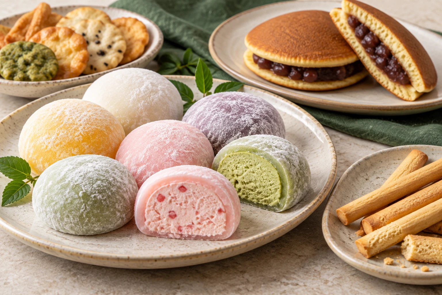Photographie conceptuelle colorée de mochis et de snacks